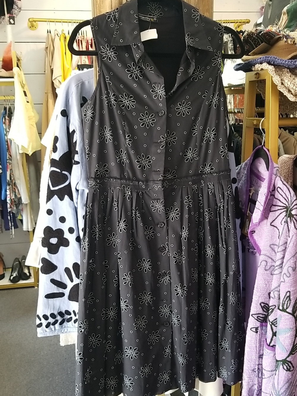 Sleeveless Black Floral Button-Front Dress